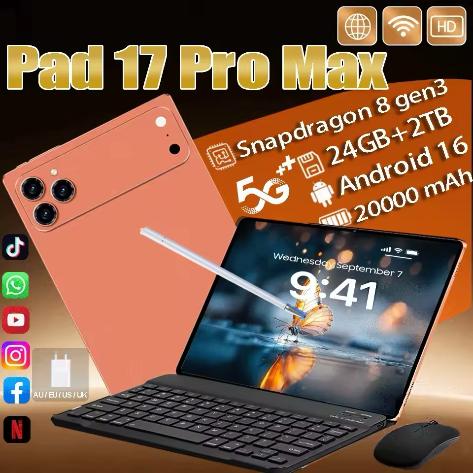 Tablet com teclado e acessórios